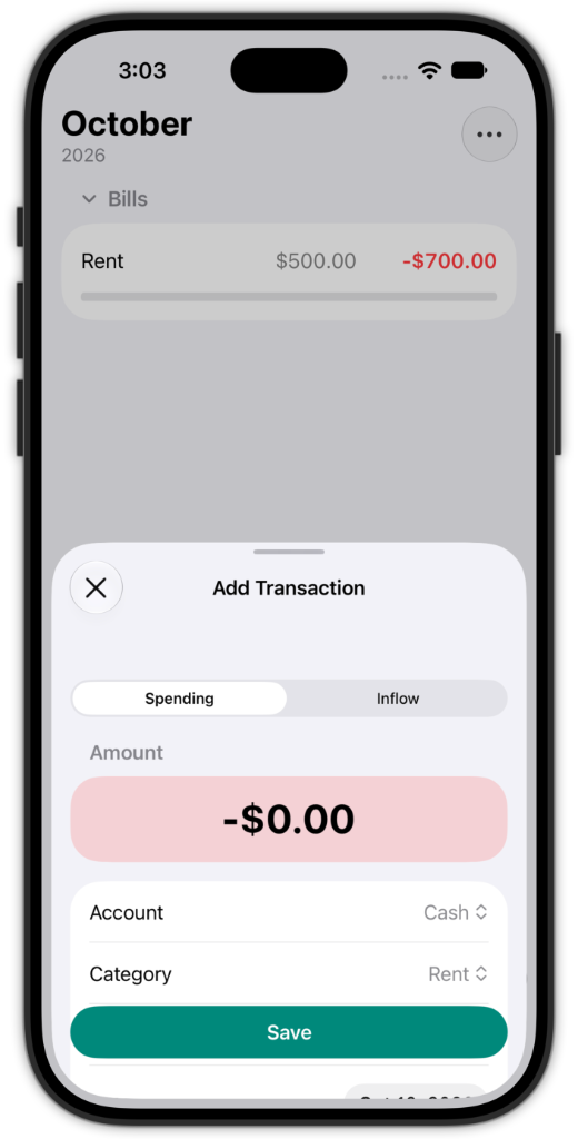 Add Transaction sheet for a Rent spending entry